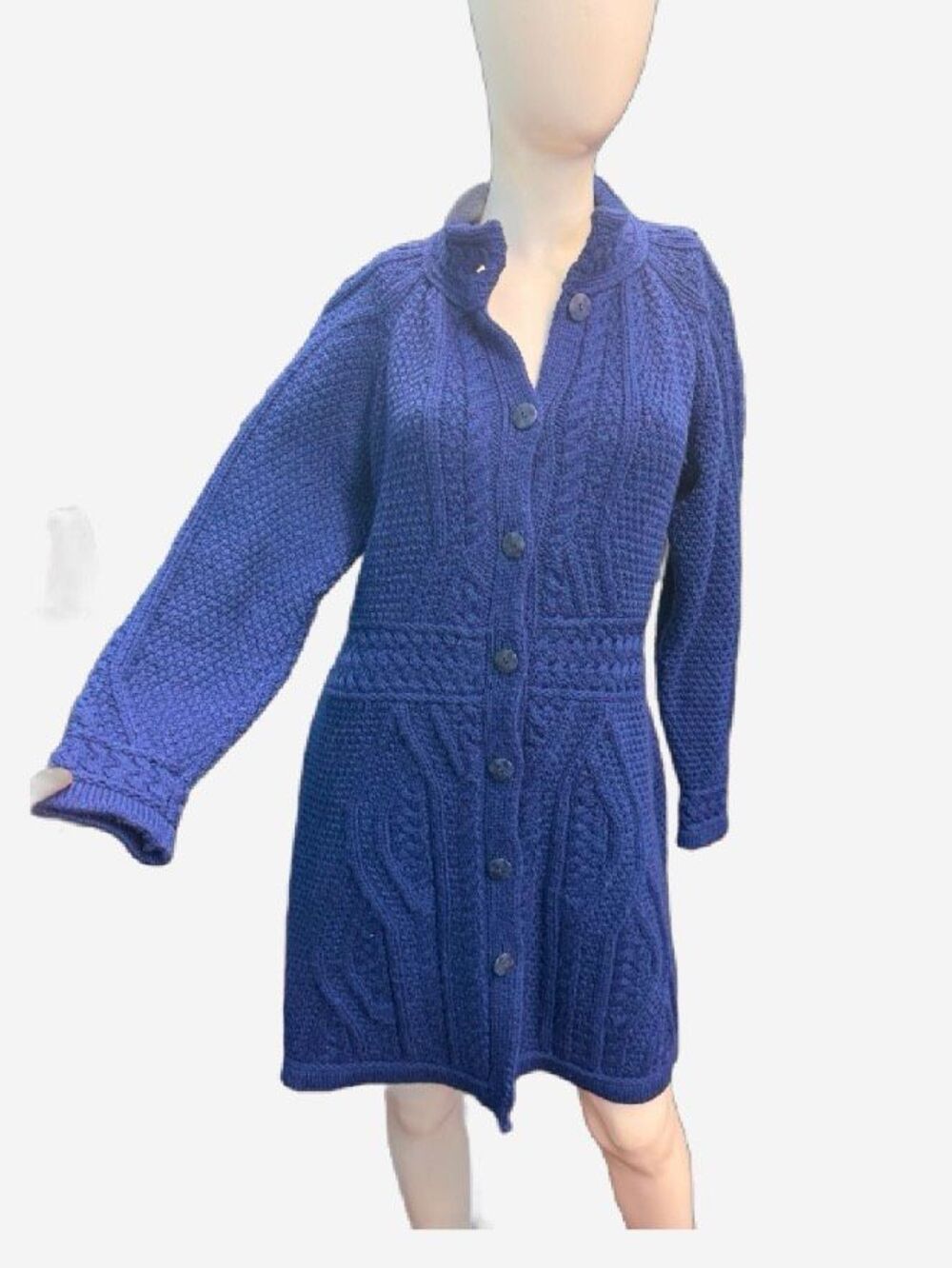 Aran Crafts Ireland Blue Knit Duster Cardigan Cable knit Sweater Merino Wool Wom